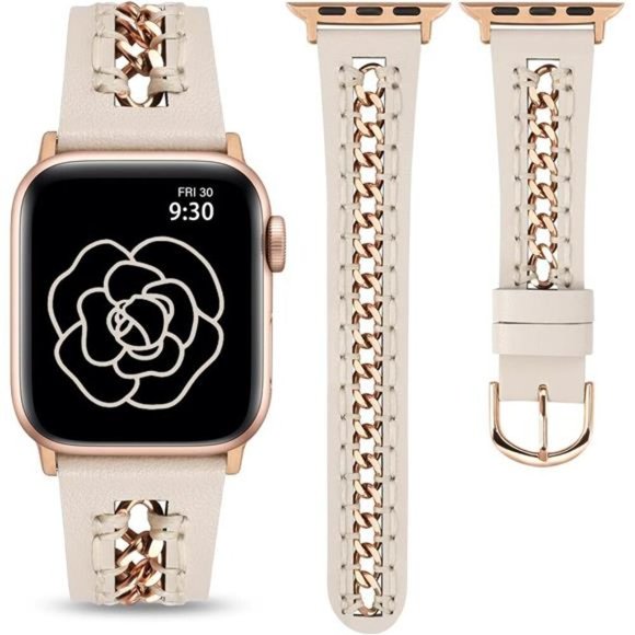 NEW Leather Design Rose Gold Chain Apple Watch Band main image 4